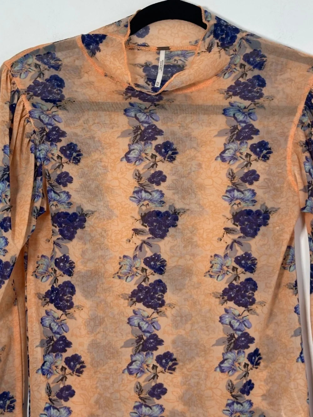 Free People Size XS Coral Floral High Neck Mesh Top Long-Sleeve Sheer Boho